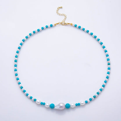 16K Gold Filled 5mm Shell Pearl Turquoise Round Gradient Gemstone Chain 18 Inch Necklace | WA-01508