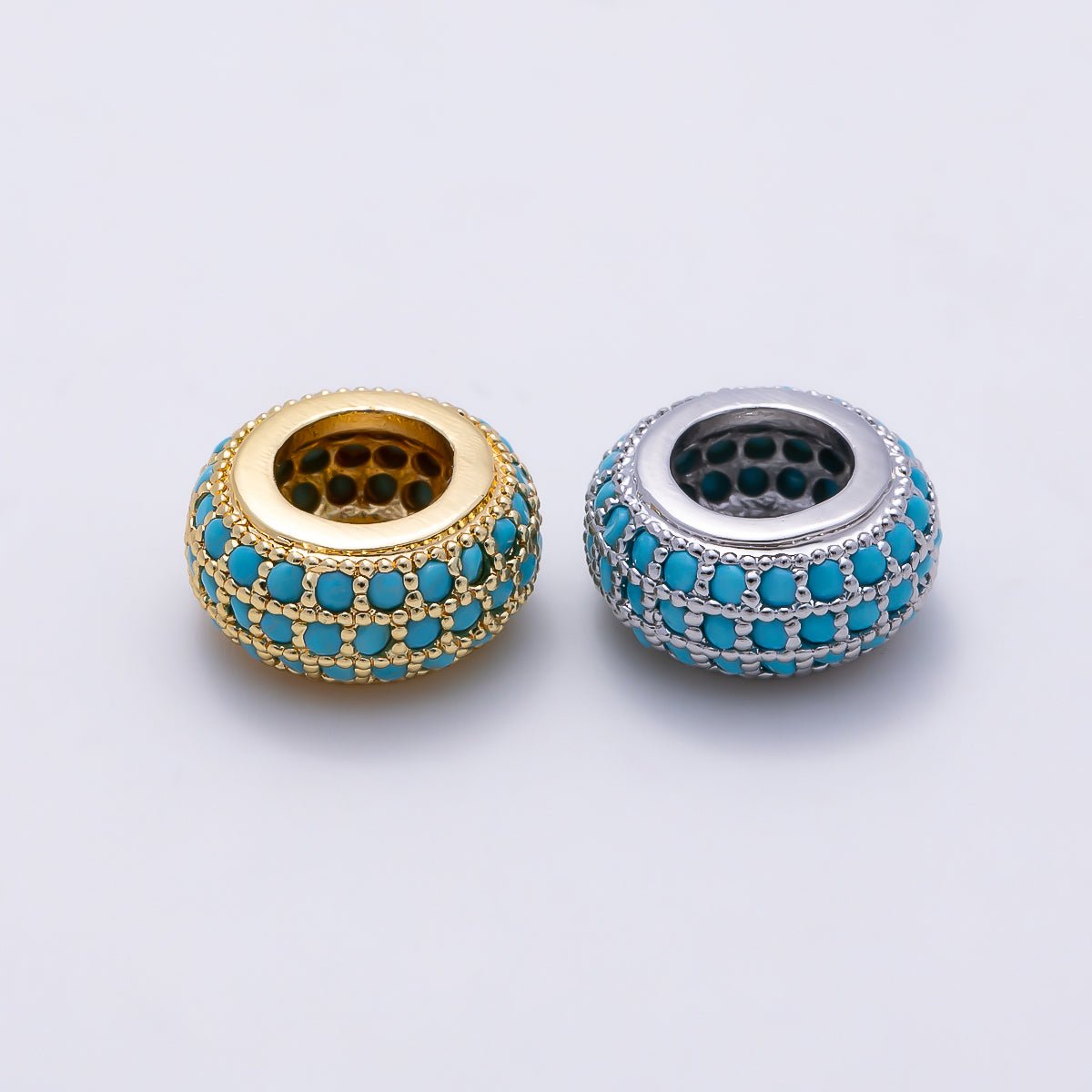16K Gold Filled 10mm Turquoise Micro Paved Rondelle Bead in Gold &amp; Silver | Beads-00518 Beads-00519