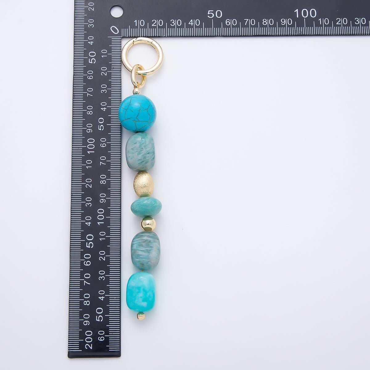 16K Gold Filled 6 Inch Blue Amazonite Turquoise Textured Bead Gemstone Bag Charm Keychain Push Gate | WB-00371