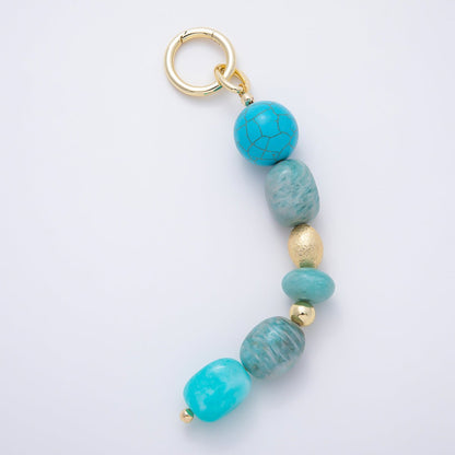 16K Gold Filled 6 Inch Blue Amazonite Turquoise Textured Bead Gemstone Bag Charm Keychain Push Gate | WB-00371