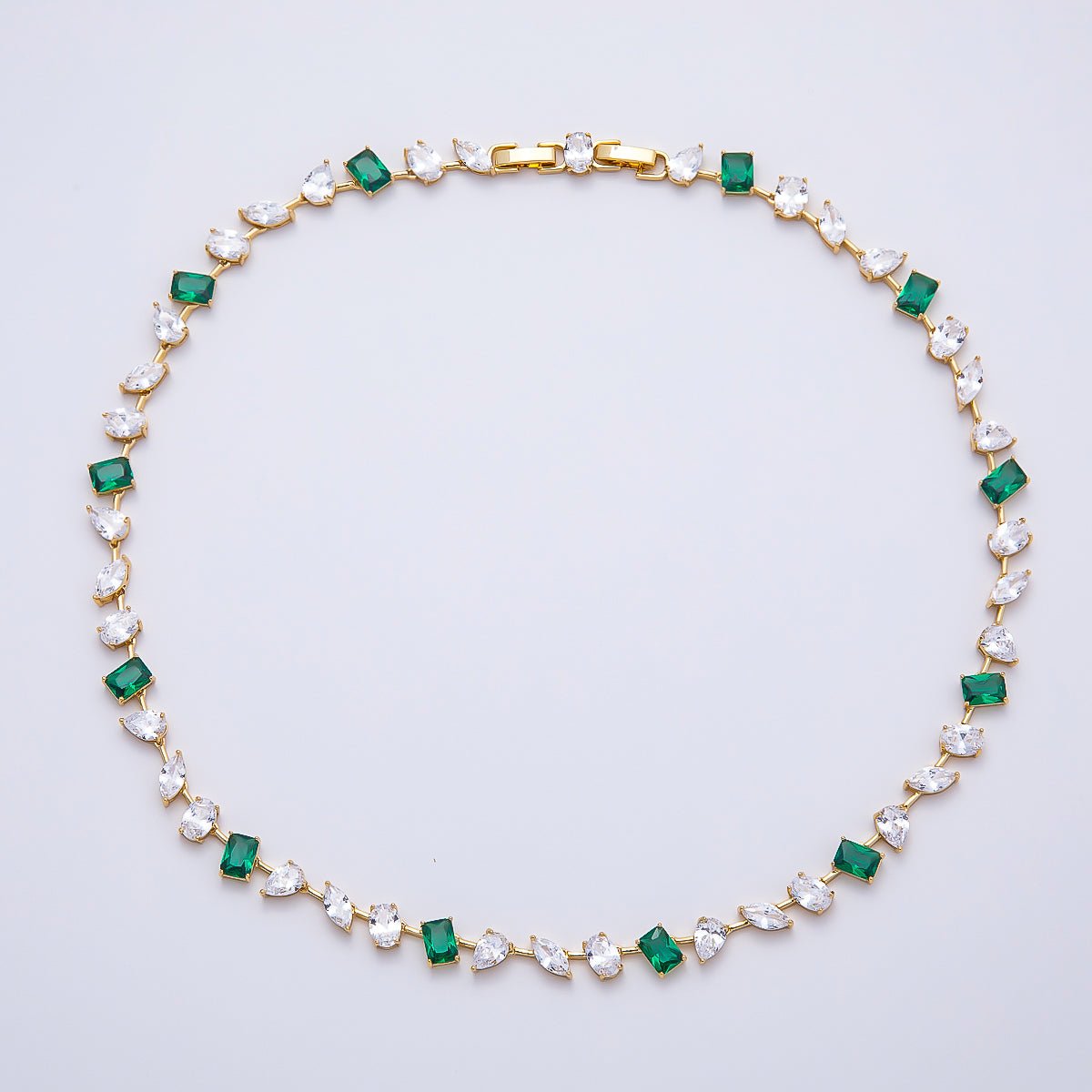 16K Gold Filled 6.5mm Green Baguette Clear Multi-Cut CZ Tennis Chain 17 Inch Adjustable Necklace | WA-04687