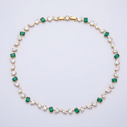 16K Gold Filled 6.5mm Green Baguette Clear Multi-Cut CZ Tennis Chain 17 Inch Adjustable Necklace | WA-04687