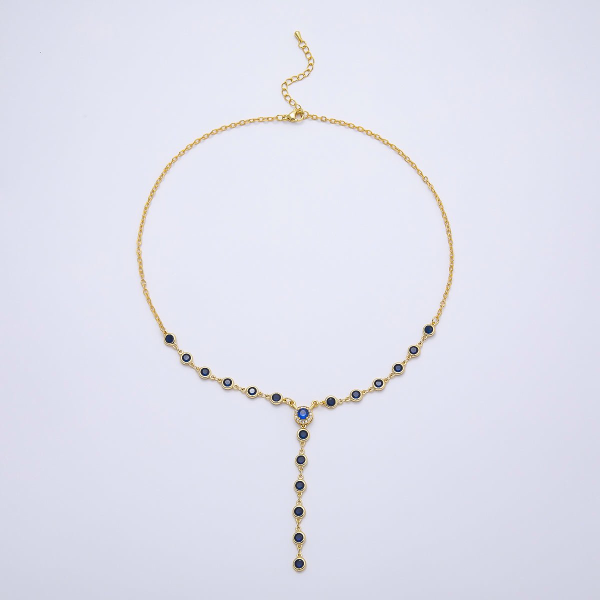 16K Gold Filled 6mm Blue Round Bezel Micro Paved CZ Lariat Cable Chain 17 Inch Necklace | WA-04721