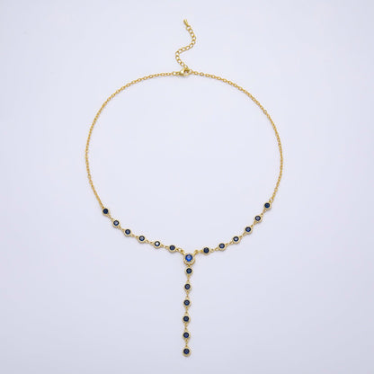 16K Gold Filled 6mm Blue Round Bezel Micro Paved CZ Lariat Cable Chain 17 Inch Necklace | WA-04721