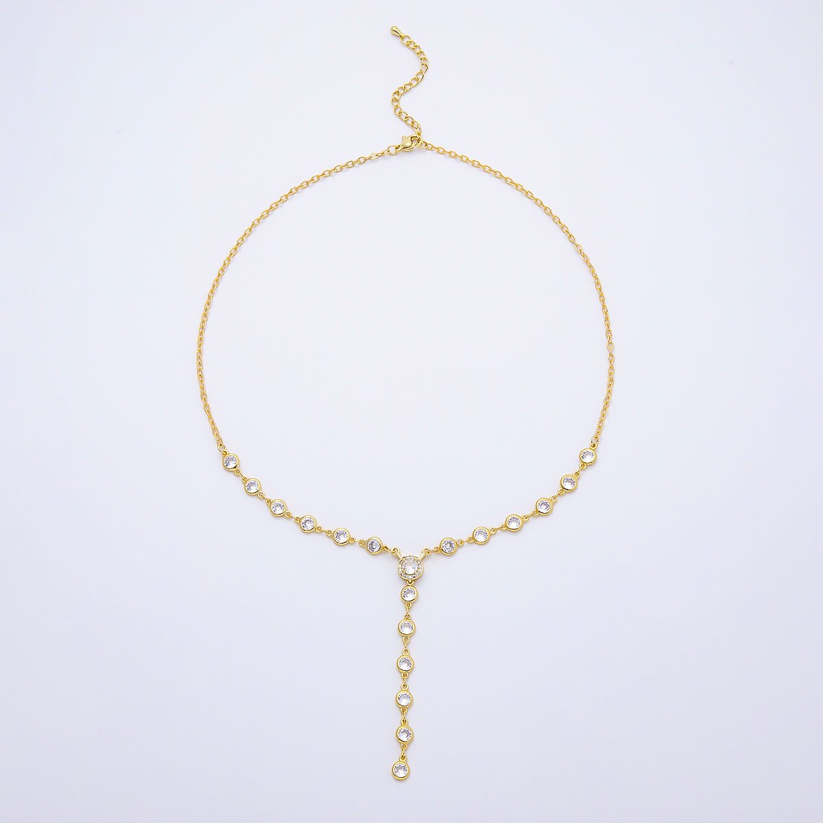 16K Gold Filled 6mm Clear Round Bezel Micro Paved CZ Lariat Cable Chain 17 Inch Necklace | WA-04723
