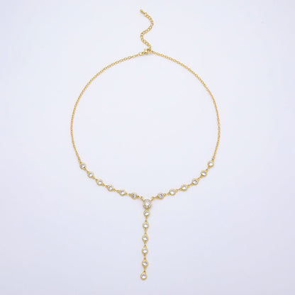 16K Gold Filled 6mm Clear Round Bezel Micro Paved CZ Lariat Cable Chain 17 Inch Necklace | WA-04723