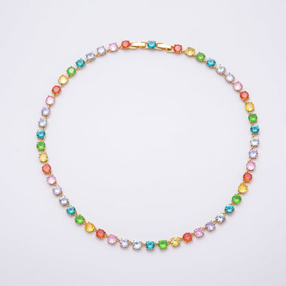 16K Gold Filled 6mm Multicolor Rainbow Round CZ Tennis Chain 17 Inch Adjustable Necklace | WA-04599