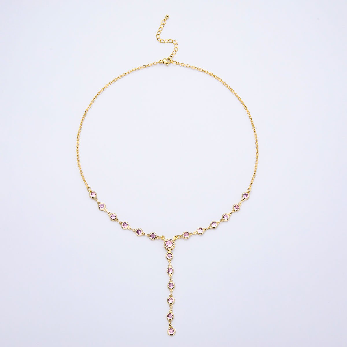 16K Gold Filled 6mm Pink Round Bezel Micro Paved CZ Lariat Cable Chain 17 Inch Necklace | WA-04722