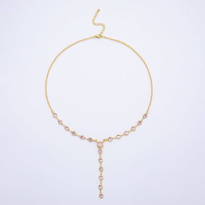 16K Gold Filled 6mm Pink Round Bezel Micro Paved CZ Lariat Cable Chain 17 Inch Necklace | WA-04722