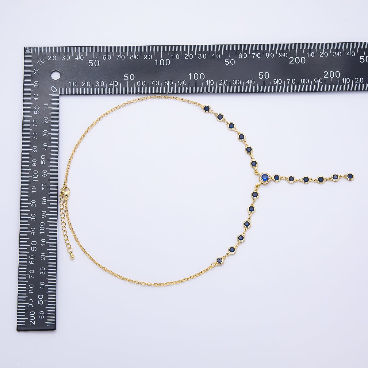 16K Gold Filled 6mm Blue Round Bezel Micro Paved CZ Lariat Cable Chain 17 Inch Necklace | WA-04721