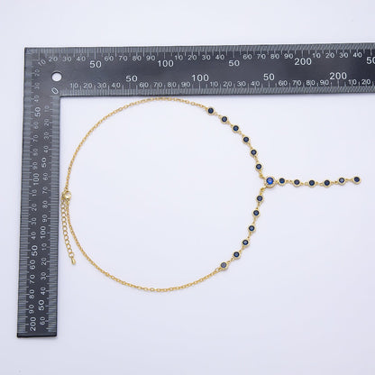 16K Gold Filled 6mm Blue Round Bezel Micro Paved CZ Lariat Cable Chain 17 Inch Necklace | WA-04721