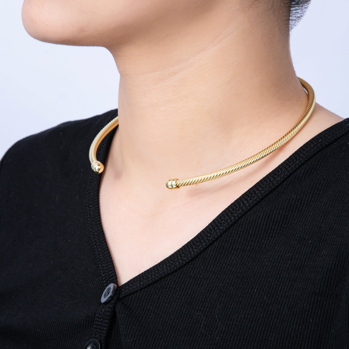 16K Gold Filled 6mm Twisted Croissant Cuff Collar Necklace | WA-04156