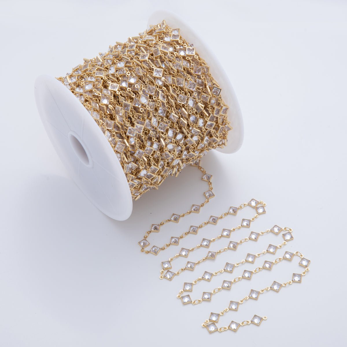 16K Gold Filled 7.5mm Clear Multifaceted Rhombus Link Unfinished Chain by Yard | Roll-1602