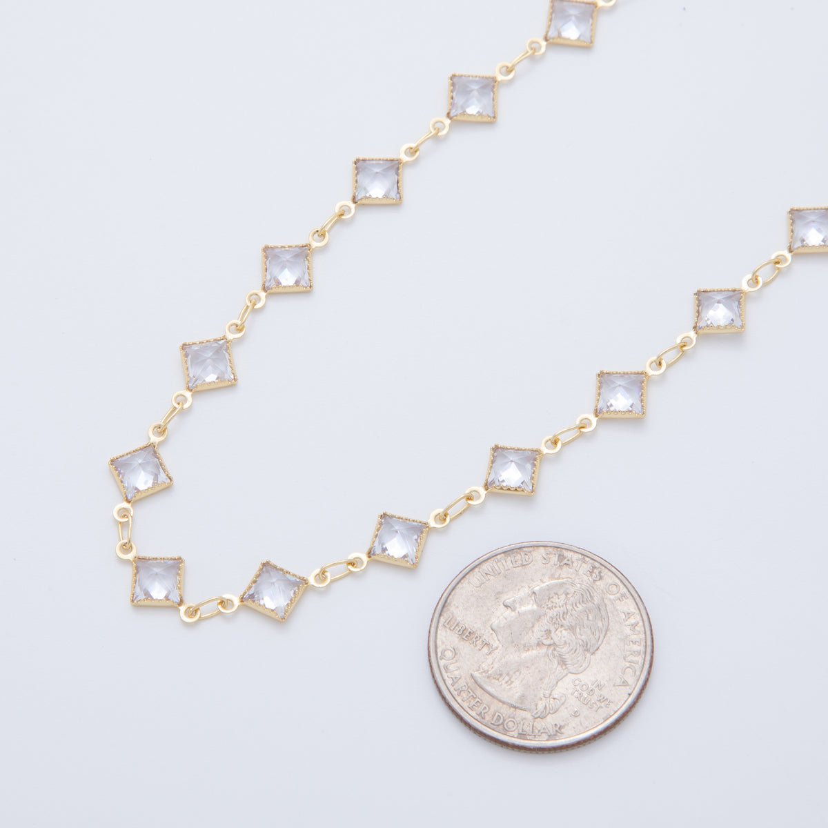 16K Gold Filled 7.5mm Clear Multifaceted Rhombus Link Unfinished Chain by Yard | Roll-1602