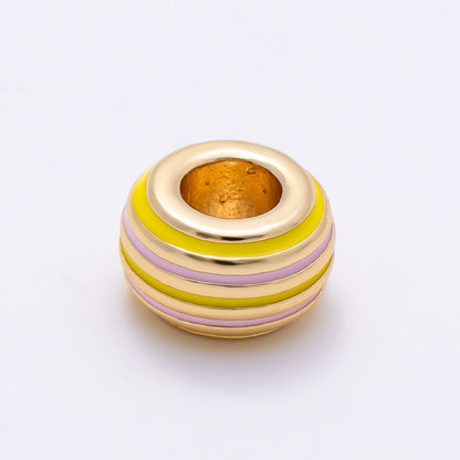 16K Gold Filled 11mm Multicolor Lined Enamel Large Hole Rondelle Bead | Beads-00490 ~ Beads-00501