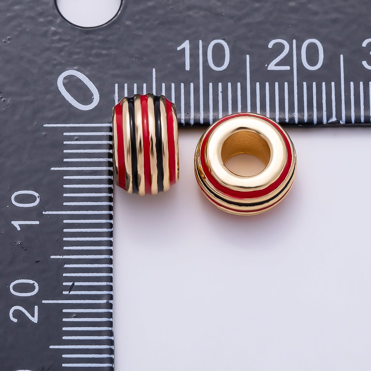 16K Gold Filled 11mm Multicolor Lined Enamel Large Hole Rondelle Bead | Beads-00490 ~ Beads-00501