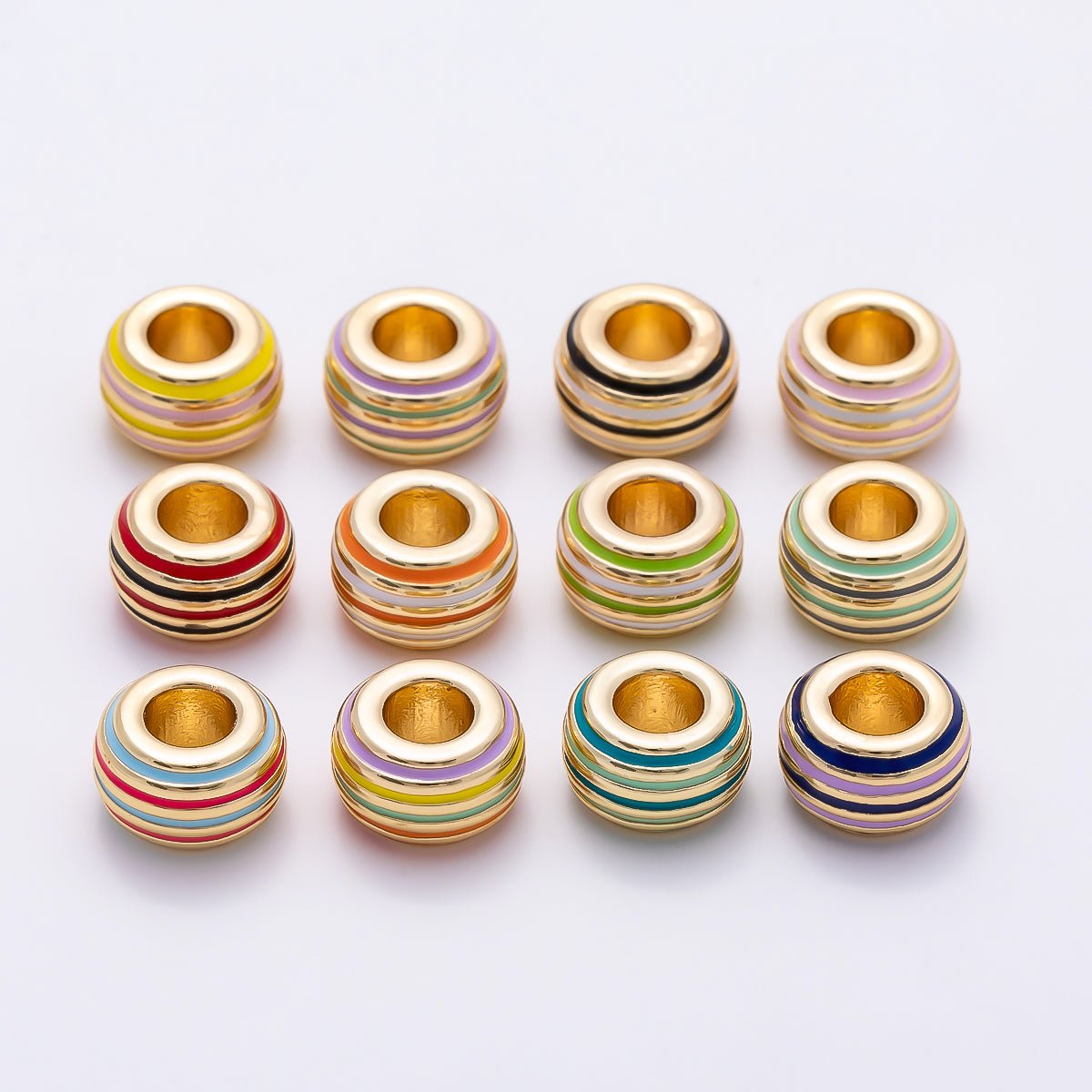 16K Gold Filled 11mm Multicolor Lined Enamel Large Hole Rondelle Bead | Beads-00490 ~ Beads-00501