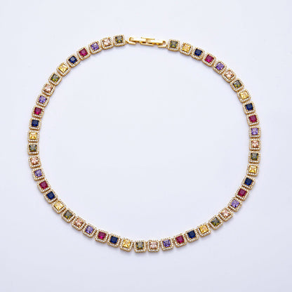16K Gold Filled 7mm Multicolor Square Micro Paved CZ Tennis Chain 16 Inch Choker Necklace | WA-04210