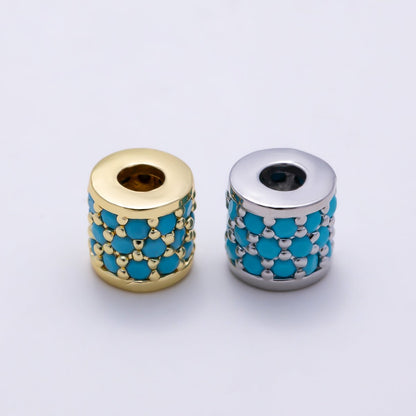 16K Gold Filled 7.5mm Turquoise Micro Paved Wide Bead in Gold &amp; Silver | Beads-00514 Beads-00515