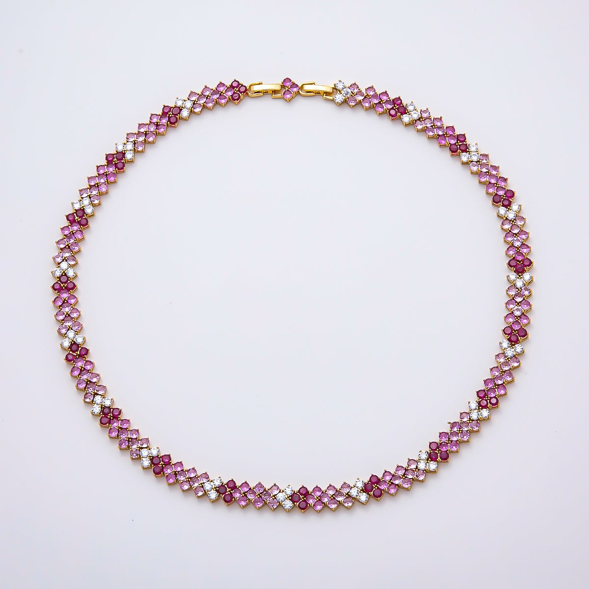 16K Gold Filled 8.7mm Pink Clear Gradient Motif Panther Tennis Chain 17 Inch Adjustable Necklace | WA-04681