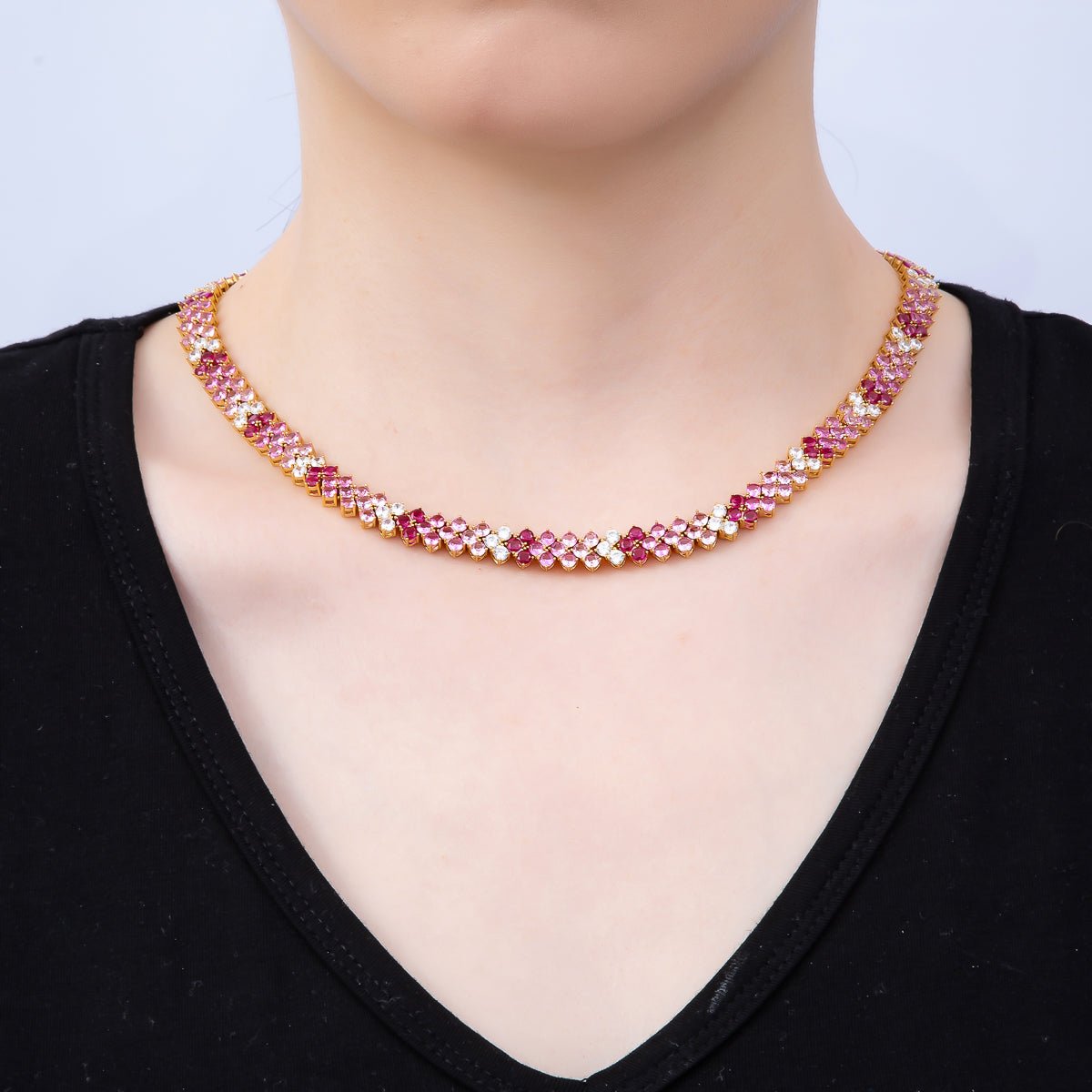 16K Gold Filled 8.7mm Pink Clear Gradient Motif Panther Tennis Chain 17 Inch Adjustable Necklace | WA-04681