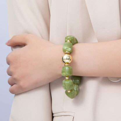 16K Gold Filled 8mm Brown, Green Marble Resin Bead Geometric Stretch Bracelet | WA-4147 WA-4148