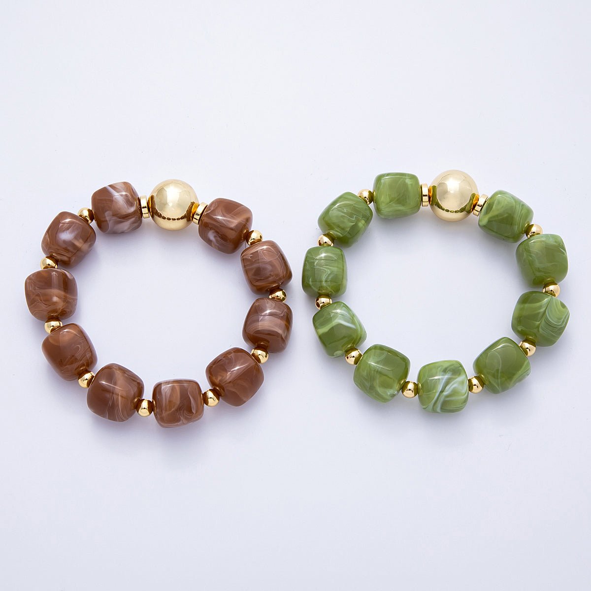 16K Gold Filled 8mm Brown, Green Marble Resin Bead Geometric Stretch Bracelet | WA-4147 WA-4148