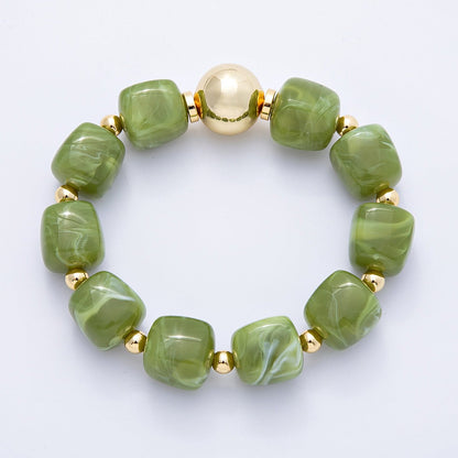 16K Gold Filled 8mm Brown, Green Marble Resin Bead Geometric Stretch Bracelet | WA-4147 WA-4148