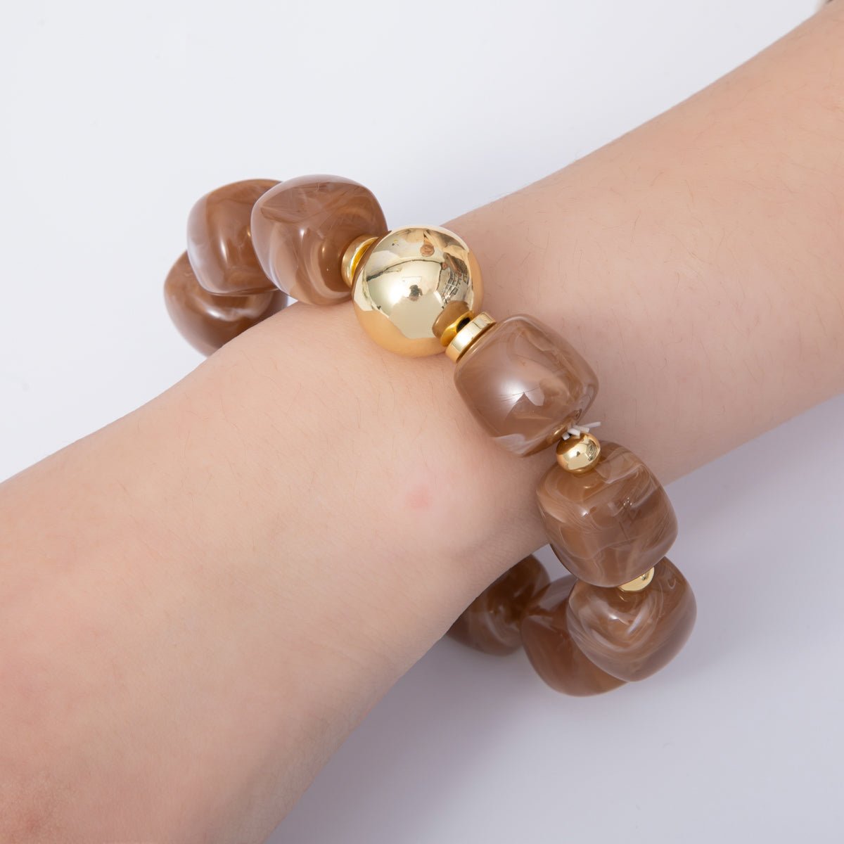 16K Gold Filled 8mm Brown, Green Marble Resin Bead Geometric Stretch Bracelet | WA-4147 WA-4148