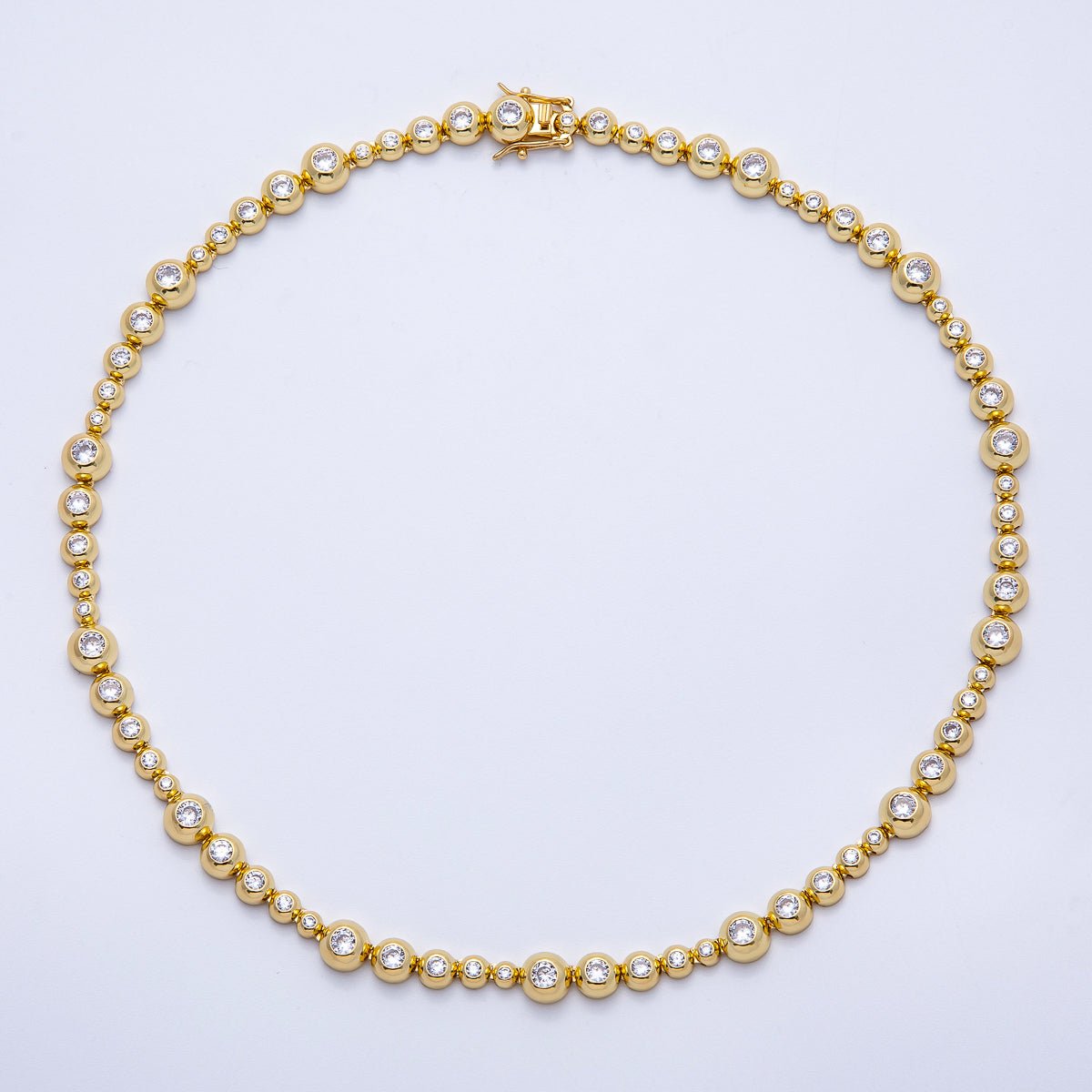 16K Gold Filled 8mm Clear CZ Round Graduated Bubble Ball Chain 17 Inch Necklace | WA-04248