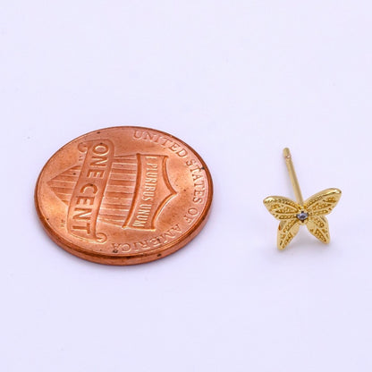 16K Gold Filled 8mm Clear CZ Textured Butterfly Mini Stud Earrings | Clearance