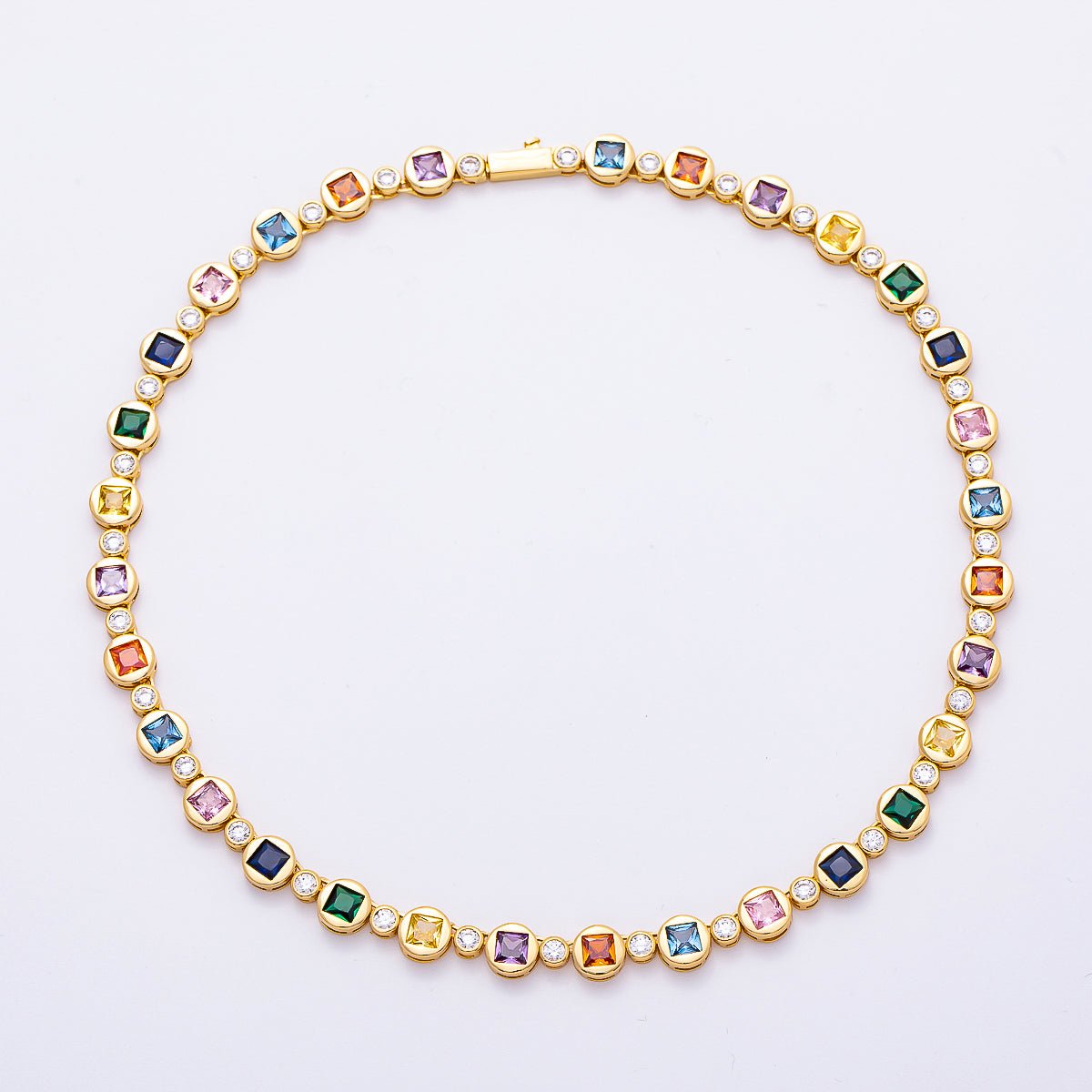 16K Gold Filled 8mm Multicolor CZ Round Square Tennis Chain 17 Inch Necklace | WA-04287