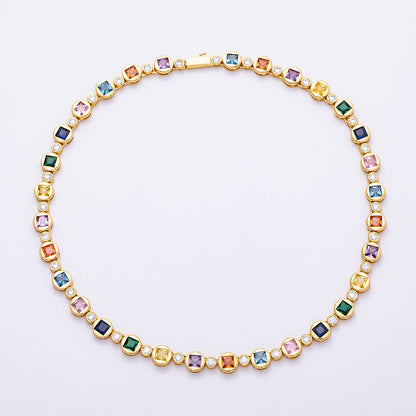 16K Gold Filled 8mm Multicolor CZ Round Square Tennis Chain 17 Inch Necklace | WA-04287