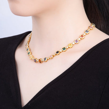 16K Gold Filled 8mm Multicolor CZ Round Square Tennis Chain 17 Inch Necklace | WA-04287