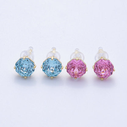 16K Gold Filled 8mm Pink, Blue Solitaire CZ Round Stud | Earrings-00239 Earrings-00240
