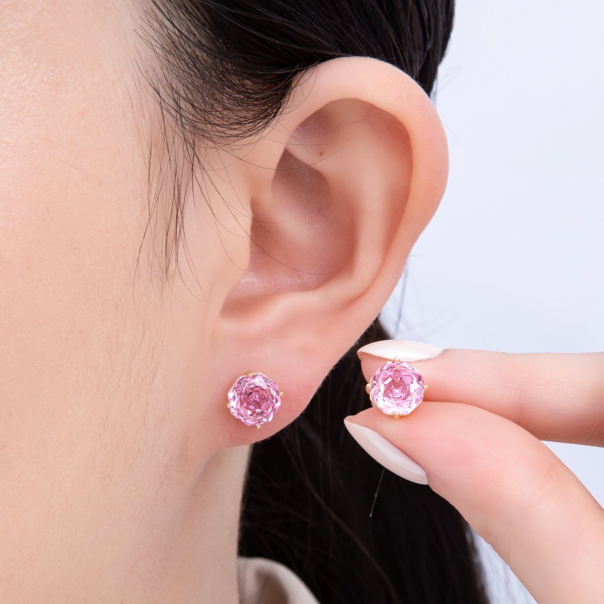 16K Gold Filled 8mm Pink, Blue Solitaire CZ Round Stud | Earrings-00239 Earrings-00240