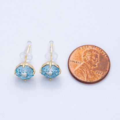16K Gold Filled 8mm Pink, Blue Solitaire CZ Round Stud | Earrings-00239 Earrings-00240