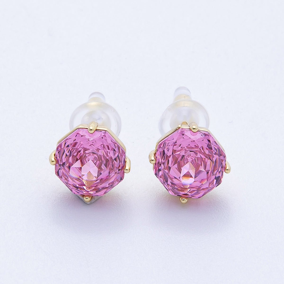 16K Gold Filled 8mm Pink, Blue Solitaire CZ Round Stud | Earrings-00239 Earrings-00240