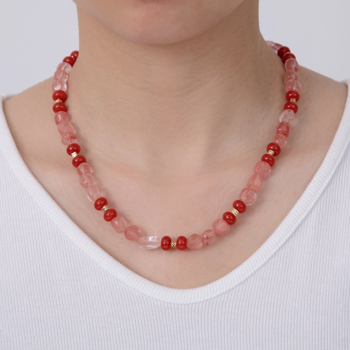 16K Gold Filled 8mm Red Quartz Carnelian Gemstone Pebble Rondelle Bead 17.5 Inch Handmade Necklace | WA-00019