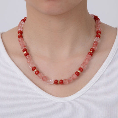 16K Gold Filled 8mm Red Quartz Carnelian Gemstone Pebble Rondelle Bead 17.5 Inch Handmade Necklace | WA-00019