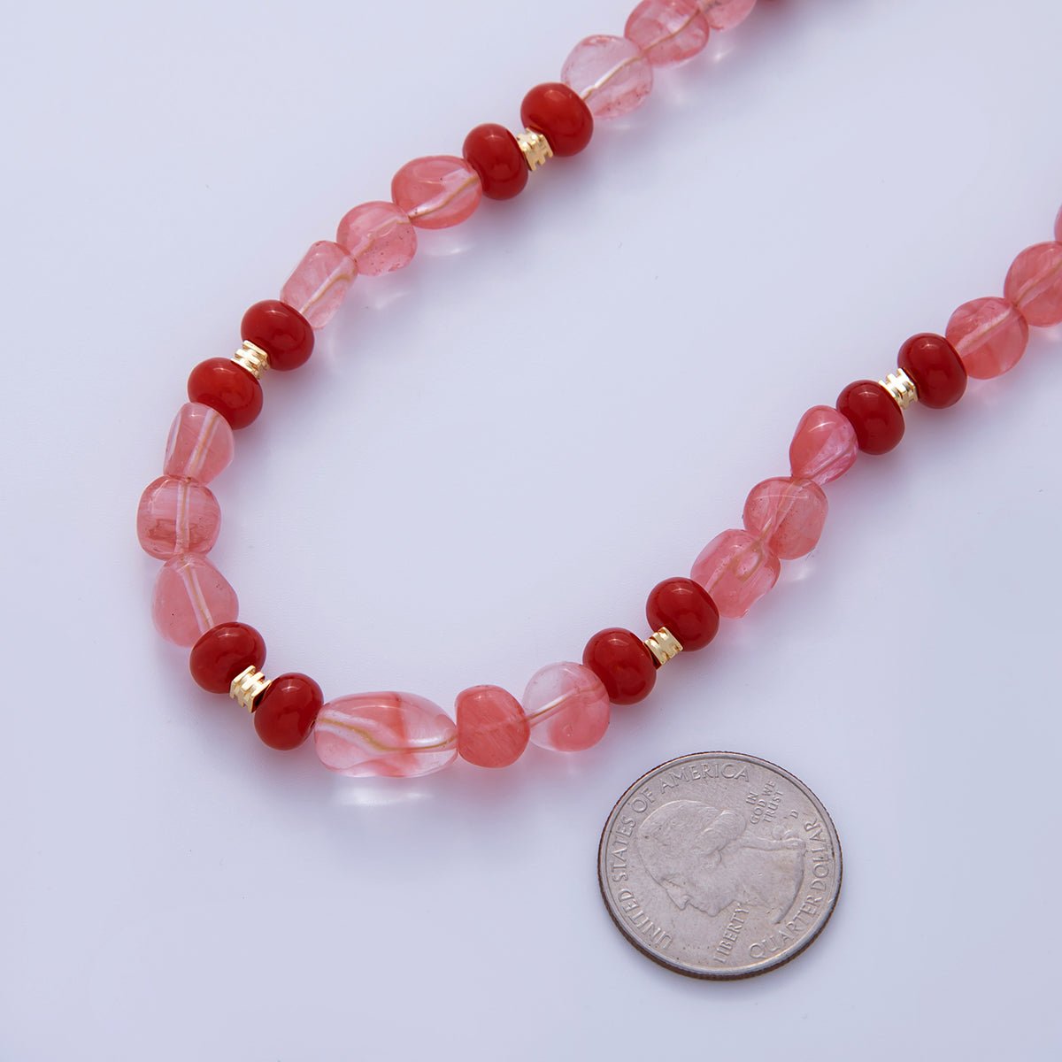 16K Gold Filled 8mm Red Quartz Carnelian Gemstone Pebble Rondelle Bead 17.5 Inch Handmade Necklace | WA-00019