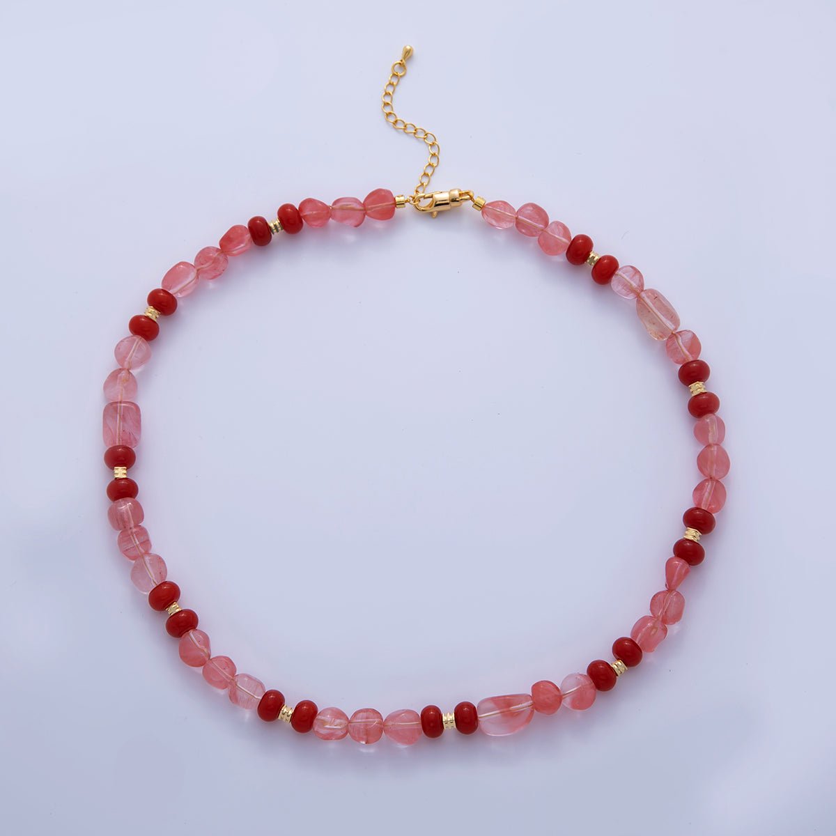 16K Gold Filled 8mm Red Quartz Carnelian Gemstone Pebble Rondelle Bead 17.5 Inch Handmade Necklace | WA-00019