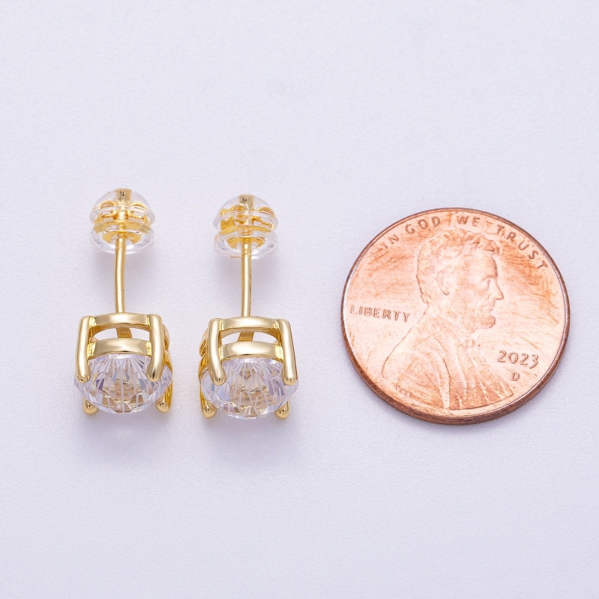 16K Gold Filled 8mm Round CZ Solitaire Bezel Stud Earrings | Earrings-00329
