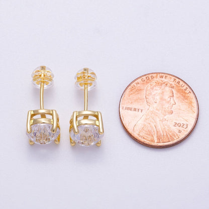 16K Gold Filled 8mm Round CZ Solitaire Bezel Stud Earrings | Earrings-00329