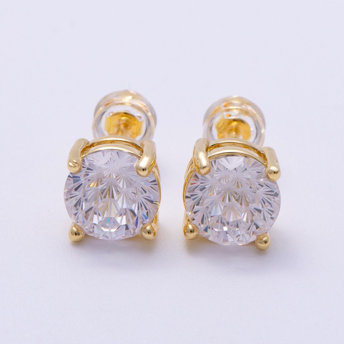 16K Gold Filled 8mm Round CZ Solitaire Bezel Stud Earrings | Earrings-00329