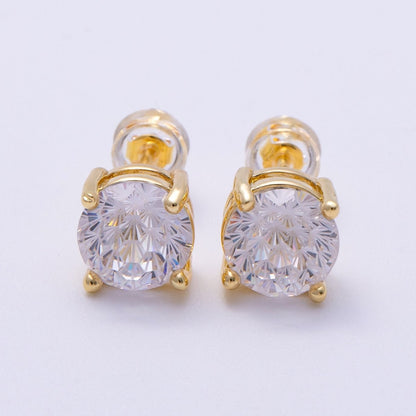 16K Gold Filled 8mm Round CZ Solitaire Bezel Stud Earrings | Earrings-00329
