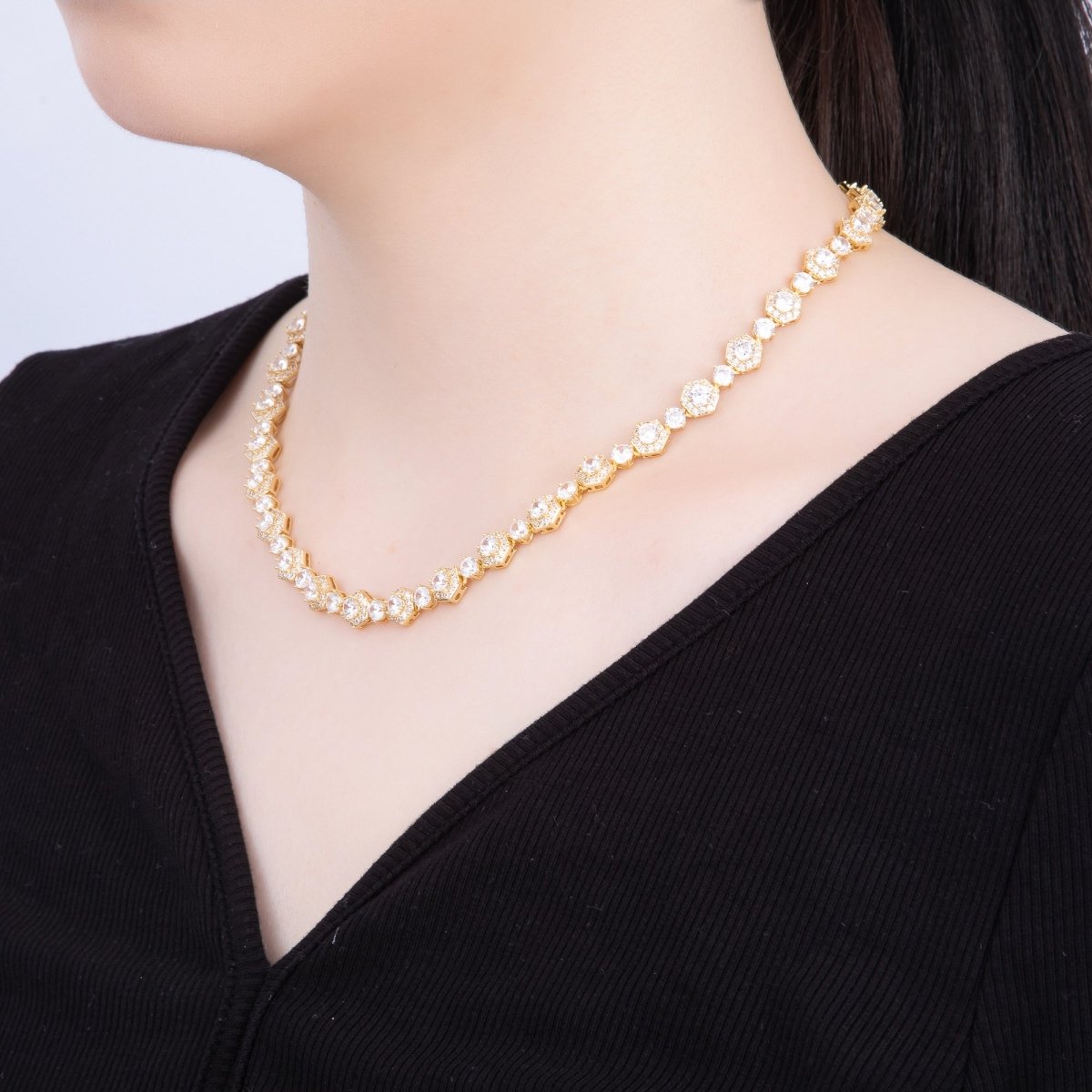 16K Gold Filled 8mm Round Hexagon Micro Paved CZ Tennis Chain 16.5 Inch Necklace | WA-04241
