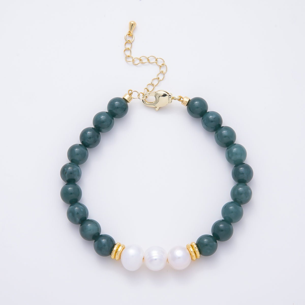 16K Gold Filled 8mm Shell Pearl Green Aventurine Bead Round Gemstone Chain 7.5 Inch Bracelet | WA-00060