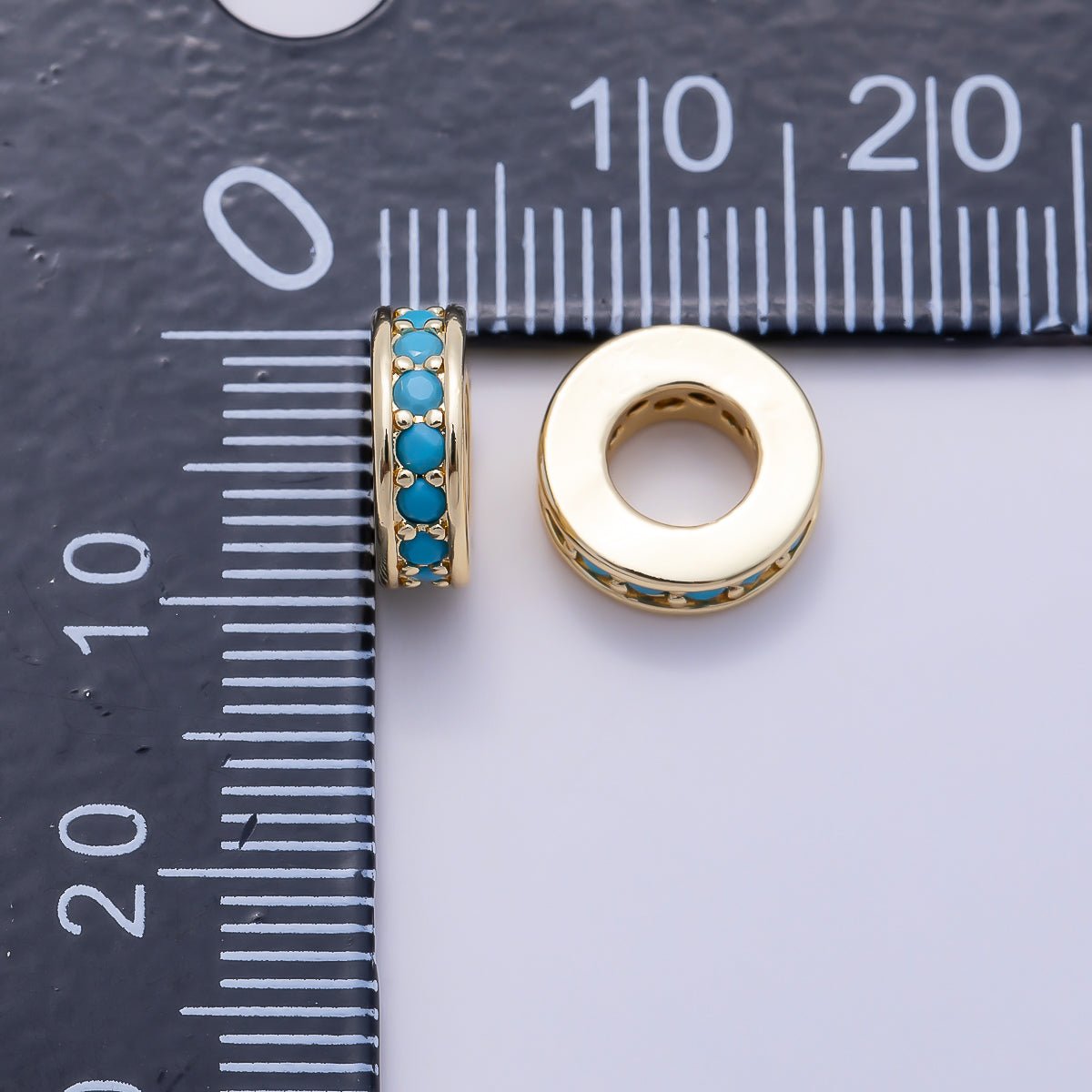 16K Gold Filled 9.5mm Turquoise Micro Paved Rondelle Bead in Gold &amp; Silver | Beads-00542 Beads-00543