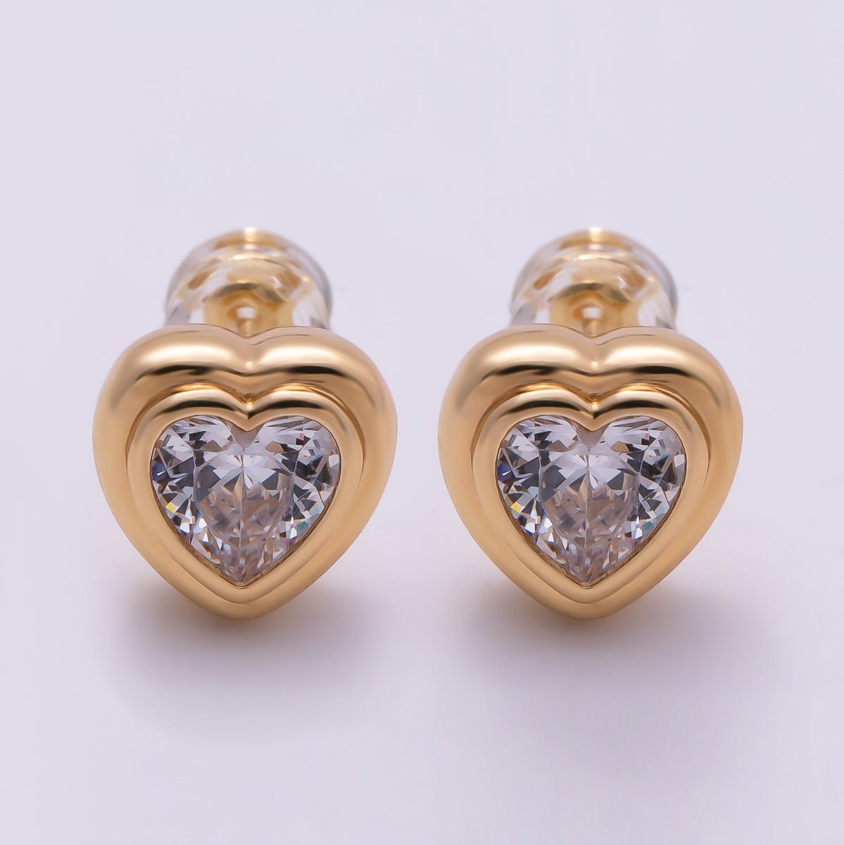 16K Gold Filled 9mm Clear CZ Love Heart Bezel Stud Earrings in Gold &amp; Silver | Earrings-00417 Earrings-00418